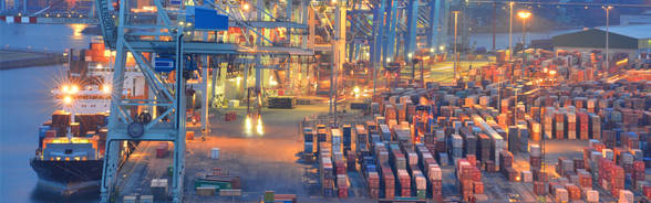 Umschlaghafen mit Containerbrücken, Lastschiffen und Frachtcontainern
